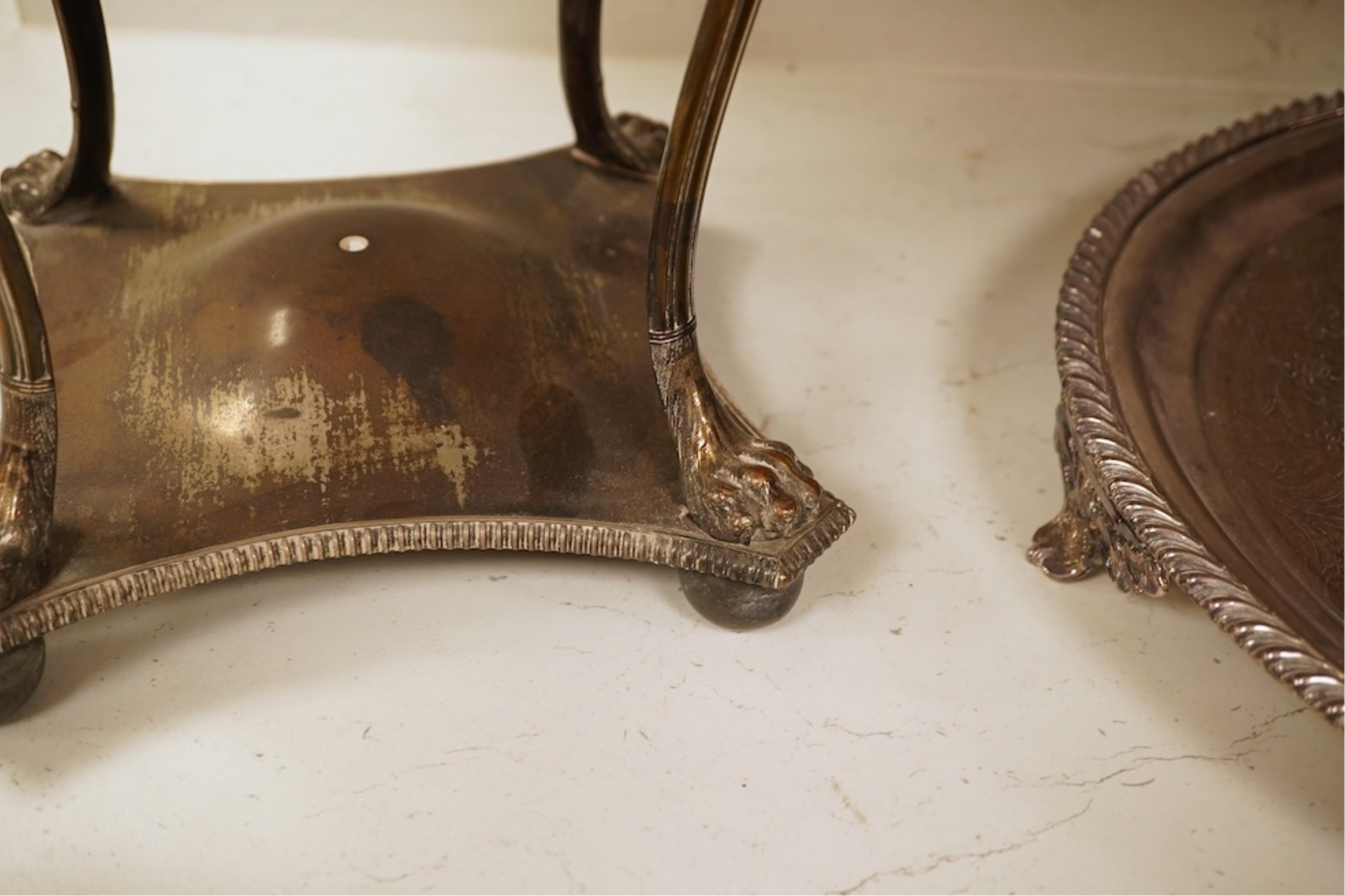 A Regency Old Sheffield Plate samovar and two silver plated trays, largest 70cm